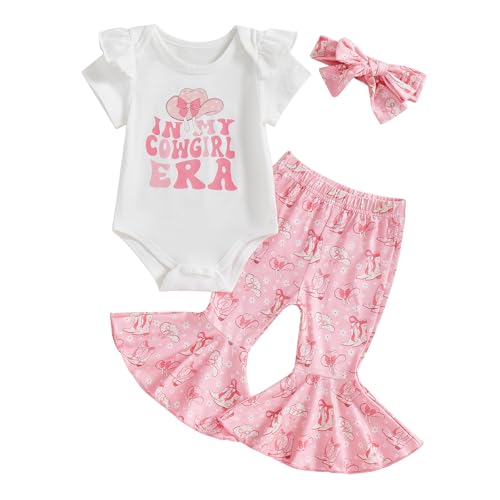 Image of MAINESAKA Baby Girl Weastern Bell Bottom Outfit Cute Summer Cowgirl Clothes Cow Print Romper Flare Pants 3 Piece Boho Set