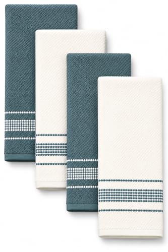 Image of Kitchen Towels, Blue and White Stitched Design Hand Towels, Cotton Soft Large 18 x 28 Dobby Weave Super Absorbent Tea Towels Drying Cloth Kitchen Linens