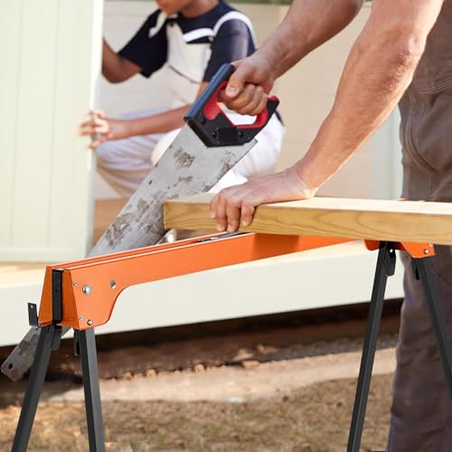 FANTASK 2 x Gerüstbock mit Griff, Klappbock in Orange, Arbeitsböcke klappbar, Unterstellbock Sägeböcke, Stützbock Sägehilfe, Sägepferd bis 600 kg,