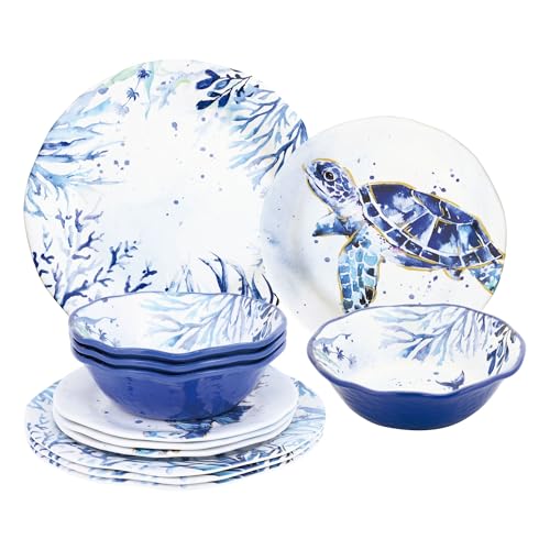 UP ware Indigo Sea Life - Juego de vajilla de melamina de 12 piezas, juego de platos para exteriores, juegos de platos y cuencos, servicio para 4, azul