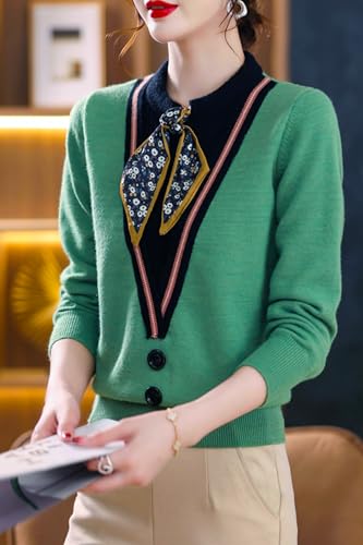 Image of LAI MENG FIVE CATS Women's Fall Tie Neck Sweater Shirt Long Sleeve Patchwork Knit Retro Pullover Tops