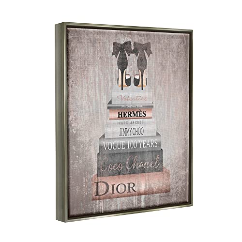 Image of 'Book Stack Heels Metallic Pink'| Floating Frame Canvas Art | Stupell Industries | Gray, 25 x 31 Inches, Easy to Hang and Sturdy, Made in USA, by Amanda Greenwood