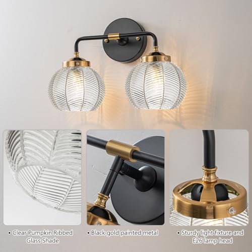 Image of Mid Century Modern Wall Sconce Bathroom Light fixtures 2 Light Ribbed Globe Sconces Vanity Lighting Fixture Black and Gold Vanity Lights Double Wall sconces with Clear Glass Shades