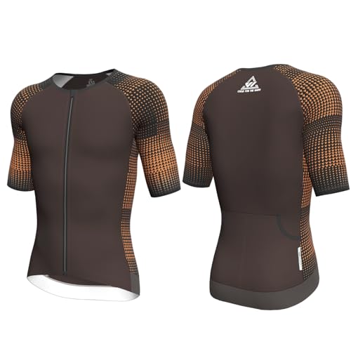 Wulibike Triathlon Herren Oberteil Kurzarm Hohe Elastizität atmungsaktiv schnelltrocknend Radtrikot mit 2 Taschen für Radfahren Laufen Training braun L