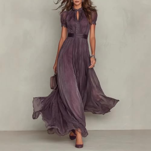 Womens Lace Spliced Soft Maxi Dress Short Sleeve Flow Evening Gowns Purple - image 3
