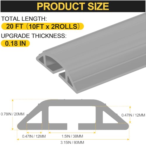 Image of MYFAMIREA 20FT Floor Cord Cover Heavy Duty Cord Cover for Wire on Floor | Outdoor Cable Covers Protector with 3 Channels, Extension PVC Wire Covers Hider Management for Home Office (2PCS 10FT, Grey)