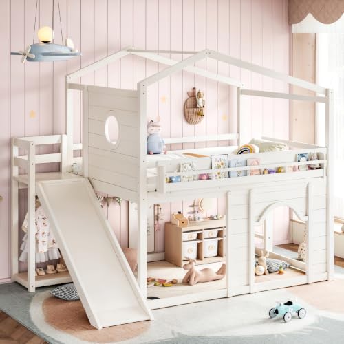 Image of Bellemave Bunk beds Full Over Full with Slide,Bookshelf and Wardrobe House roof Design, Low bunk /loft Bed for Kids,Beige