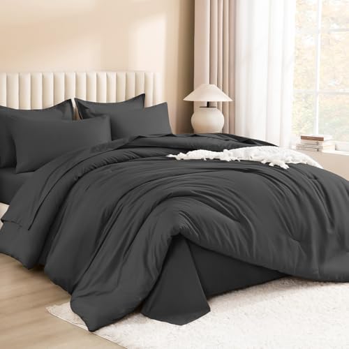 Image of Litanika Comforter Full Size Set Dark Grey - 7 Pieces Bed in a Bag Full Bedding Comforter Sets, Plain Lightweight Bed Set with Comforter, Sheets, Pillowcases & Shams
