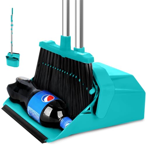 Image of Tiumso Upgrade Broom with Dustpan Combo Set, Broom and Dustpan Set with 51'' Long Handle, Large Upright Brooms and Dust Pans, ZeroGap Lip, Self-Cleaning Dustpan Teeth for Lobby and Restaurant - Blue