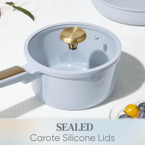 Image of CAROTE Ceramic Cookware Set Nonstick, 14pcs Pots and Pans Set Nonstick, Non-Toxic & PFAS-Free, Dishwasher, RV /Camping Cookware Set, Cooking Pots with Lids, Pastel Blue