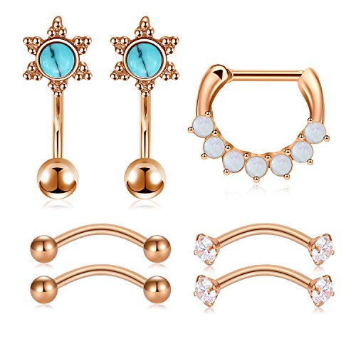 Mayhoop 16G Piercing Oreja Rook Acero Inoxidable Turquesa �palo Anillo Clicker Piercings Curvados Banana Piercing Labio Ceja Ombligo Anillo Daith Conch Tragus 7 Piezas Oro Rosa