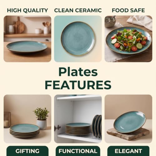 Image of Freakway Handcrafted Quarter Plates Teal Reactive Glaze, 7.2 Inch, Microwave & Dishwasher Safe, Set of 2