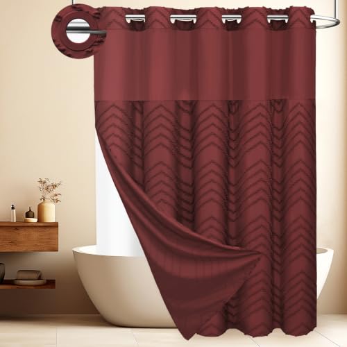 WONICY Ringless Tufted Chevron Shower Curtain with Liner, Burgundy, 71x74