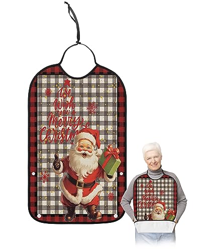 Rustic Christmas Adult Bib for Adults Men, Women, Washable & Adjustable Terry Cloth Bib with Crumb Catcher Reusable Waterproof Clothing Clothes Protector Apron Snowflake Santa Red Plaid Dots