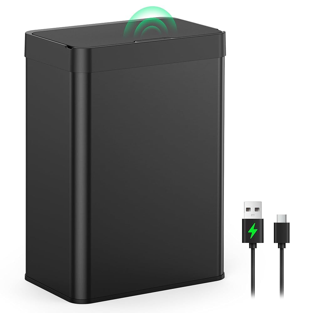 lovewind 55L Sensor Mülleimer Küche, Automatischer Mülleimer mit Sensor & Type-C Aufladung, Edelstahl Abfalleimer mit Deckel, Berührungsloser Küchenmülleimer, Soft-Close Deckel, Geruchsdicht, Schwarz