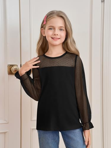 Yousify Girls Puff Long Sleeve Shirts Kids Cute Polka Dot Mesh Tops Blouses 5-14 Years2