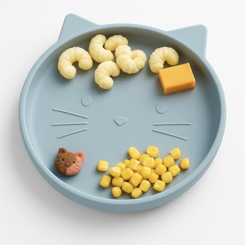 Image of Spoondrift 100% Food Grade Silicone Slip-Proof Suction Cat Shaped Plate | BPA-Free | Non-Toxic | For Toddler Meal Time, Choose From 3 Colors (Blue)