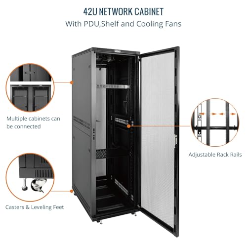 Image of Tecmojo 42U Server Rack Network Cabinet 39.4 inch D x 23.6 inch W, Locking Data Cabinet Enclosure for 19 inch Server, Networking, AV & IT Equipment, Mesh Door, Black