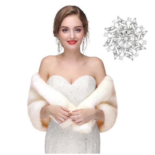 Yfe Women's Faux Fur Shawls Wraps Wedding Fur Stole Shrug Cape For Women Warm Scarf (Ivory)