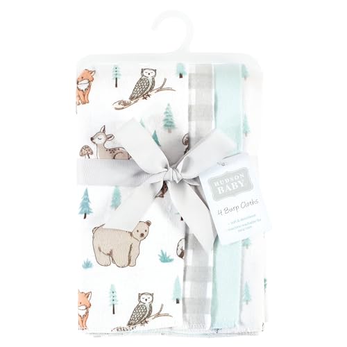 Image of Hudson Baby Unisex Baby Cotton Flannel Burp Cloths, Neutral Woodland Pals 4-Pack, One Size