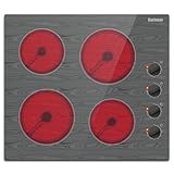 Karinear Electric Cooktop 24 Inch, 4 Burners Built-in Electric Stove Top, Glass Cooktops with Wood Patterns, 9 Heating Power Settings, Knob Control, 6000 High Power, 220-240v Hard Wired(No Plug)