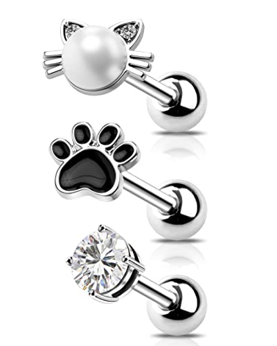 Melighting Pendientes de cartílago 16 G, parte trasera plana, 3pcs Acero inoxidable piercing de hélice, aretes de tragus caracola Cute Cat Helix Studs Cover