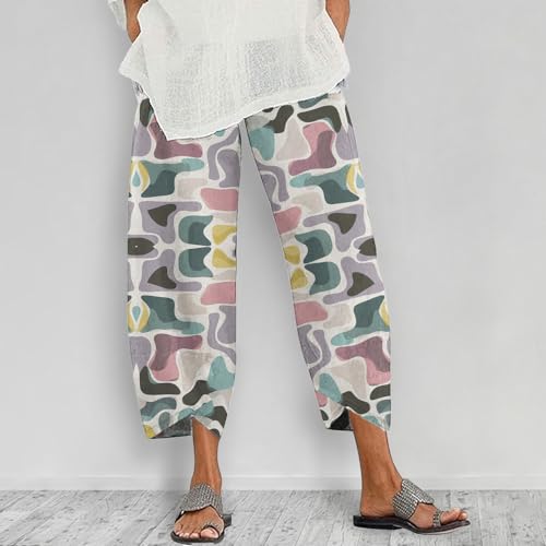 Linen Pants Women 2025 Summer Boho Pants Vintage Printed Casual Lightweight Drawstring Elastic Waist Pants Pockets2