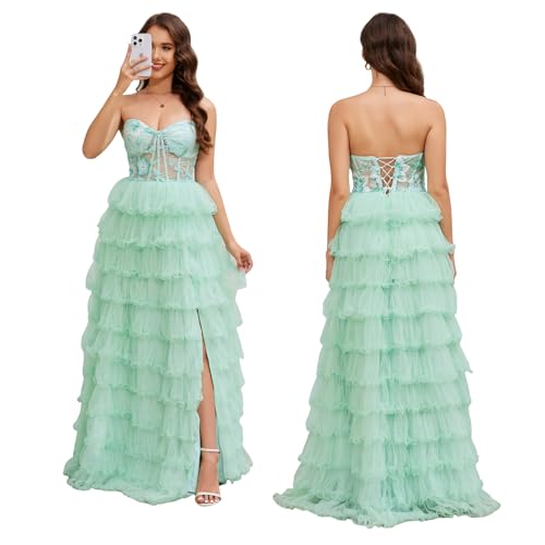 Tiered Tulle Prom Dresses Long Ball Gown A-Line Ruffle Strapless Corset Sparkly Formal Evening Dress with Slit2