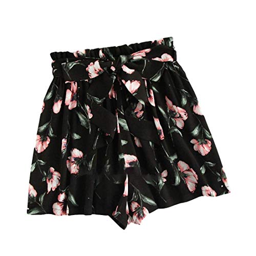 CRYYU Short feminino com estampa floral e cintura elástica para verão, Preto, Medium