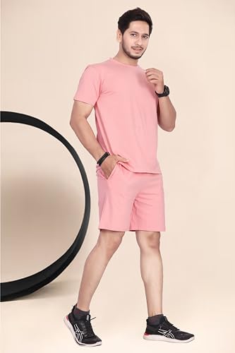 Image of HOODMASTER Men's Cotton Night Suit Set of Top & Knee Length Shorts with Round Neck Half Sleeves Solid Pattern Regular Fit and Standard Length | Mens Cotton Night Suit | T-Shirt and Shorts Sets