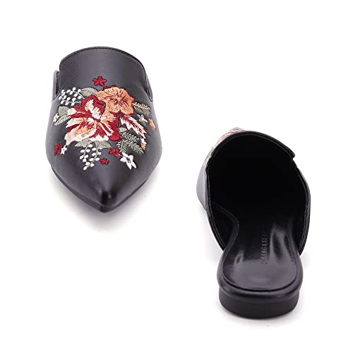 Women's Backless Pointed Toe Slip On Loafers Flats Embroidery Casual Art Mule Slippers Shoes Black1 Size 9.5 #TOP3