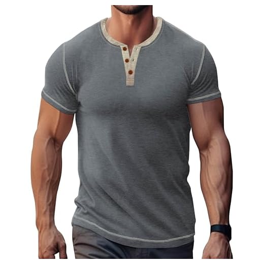 LOGEEYAR Camisetas masculinas Henley de manga curta, básica, casual, com botões leves, Cinza, GG