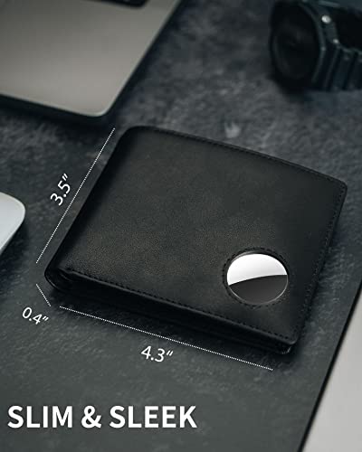 Image of Serovi Mens Wallet with AirTag holder,Genuine Leather Bifold Wallets for Men RFID Blocking With 2 ID Window and 12 Cards Holders Gift Box (Airtag Not included)