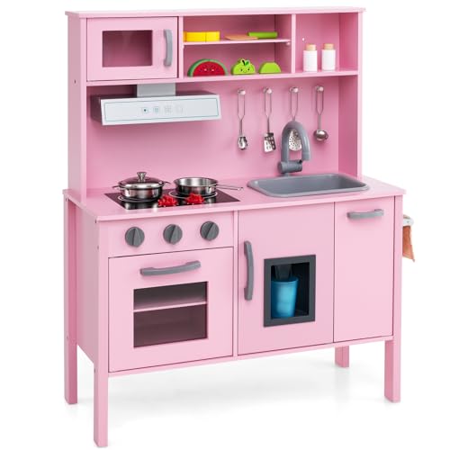 DREAMADE Cuisine Enfant en Bois, Jeu de Cuisine avec Micro-Ondes, Hotte Aspirante, Plaques de Cuisson, Évier de Jeu, Four, Machine à Glaçons, Cuisine avec...