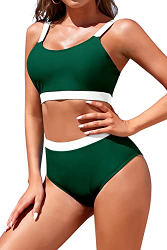 Image of Womens High Waisted Bikini Sets Sporty Crop Top Color Block Swimwear Bandeau Scoop Neck Vintage Two Piece Bathing Suits