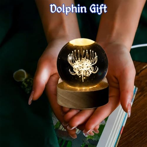 Image of 3D Red Spider Lily Crystal Ball Lamp, 60mm K9 Laser Engraved Flower Sphere with Wooden LED Base, Color-Changing Night Light Gift for Home Decor Bedroom Meditation