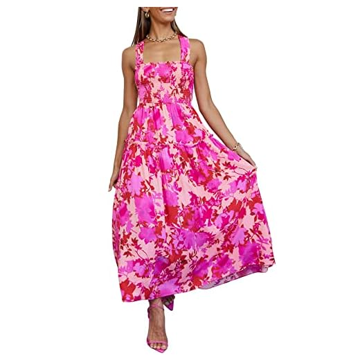 PRETTYGARDEN Women's 2023 Summer Maxi Dress Halter Neck Backless Ruffle Smocked Casual Long Flowy Boho Dresses (Pink Rose Red Floral,Medium)