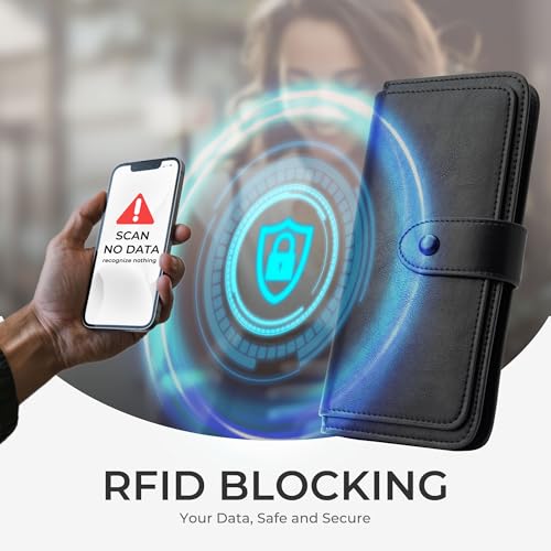 RFID Blocking Leather Wallet for Women, Slim Trifold with 14 Card Slots and Zipper Pocket (Black)3