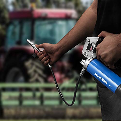 STEINBRÜCKE Professional Heavy Duty Pistol Grip Grease Gun with 27 inch Heavy Duty Reinforced Flex Hose (14-14.5 oz/ 400cc)