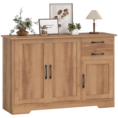 SPAZIO DI CONSERVAZIONE CHIUSO: Dotato di due cassetti e due armadietti, questa credenza da cucina organizza efficacemente pentole, padelle, stoviglie e piccoli elettrodomestici. Grazie al ripiano interno regolabile su tre livelli, offre soluzioni di spazio versatili