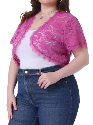 Agnes Orinda Plus Size Women's Elegant Short Sleeve Sheer Floral Lace Bolero Shrug Top2