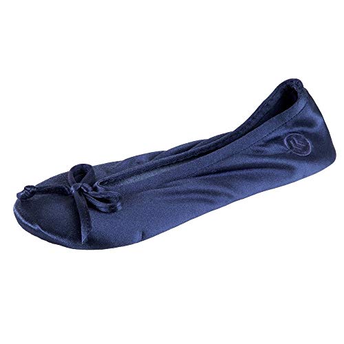 isotoner womens Satin Ballerina Slipper With Bow, Suede Sole Ballet Flat, Navy Soft Tie Bow, 9.5-10.5