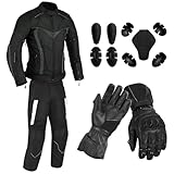 Men’s CE Armoured Waterproof Motorcycle Suit (Jacket & Pants) with Touchscreen Leather Riding Gloves | All-Weather Cordura Motorbike Gear Set, Windproof Protective Biker Suit (Black, 4X-Large)