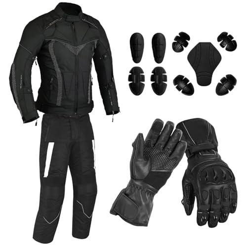 Men’s CE Armoured Waterproof Motorcycle Suit (Jacket & Pants) with Touchscreen Leather Riding Gloves | All-Weather Cordura Motorbike Gear Set, Windproof Protective Biker Suit (Black, 2X-Large)