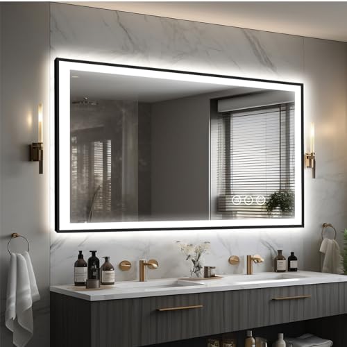 48x30 Lighted Mirrors for Bathroom Wall, Modern Rectangle Matte Black Mirror, Tempered Glass,Double Lights, 3 Colors Dimmable Temperature, IP54 Enhanced Anti-Fog, Memory (Horizontal/Vertical)