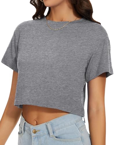 Image of Womens Summer Crop Tops Short Sleeve Round Neck T-Shirts Loose Fit Casual Blouse 2026