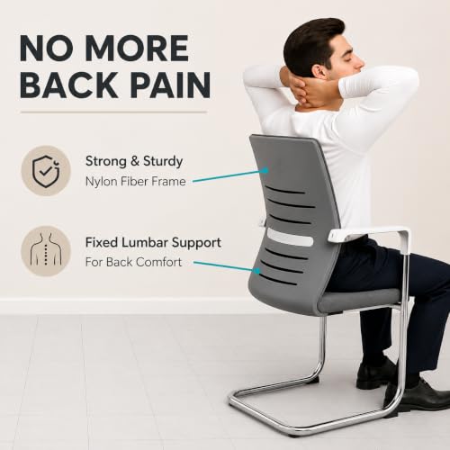 Image of OfficeElite | Ergonomic Office Chair for Home & Office | Breathable Fabric Back, Soft Cushion Seat | Heavy Duty Chrome Sled Base (120 kg Capacity, Grey, Pack of 2)