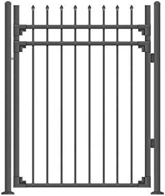 XCEL - Black Steel Rust Proof Fence Gate - Sharp End Picket - 4' W x 5' H - Easy Installation Kit for Home, Outdoor, Garden, Patio, Entrance, 3 Rail Metal Gates