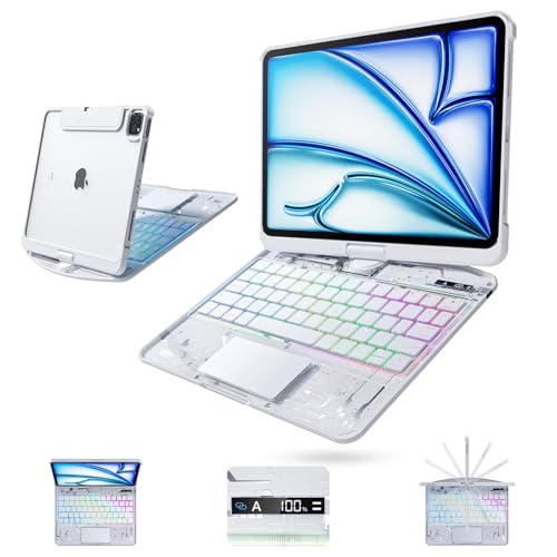 Image of Clear Wireless Keyboard Case for iPad Air 13 Inch (M4 /M3 /M2, 2026 /2025 /2024) / iPad Pro 12.9 inch (6th /5th /4th /3rd Gen), 7-Color Backlit, Pencil Holder & Multi-Touch Trackpad, 360 Rotatable,White