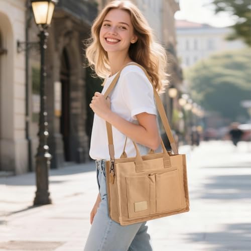 Image of Kawn Large Canvas Tote Bag for Women hobo Shoulder Bag with Zipper Multi-Pocket Satchel bag Crossbody Bag with Detachable Strap Everything Everyday Handbags for Office, College and Travel